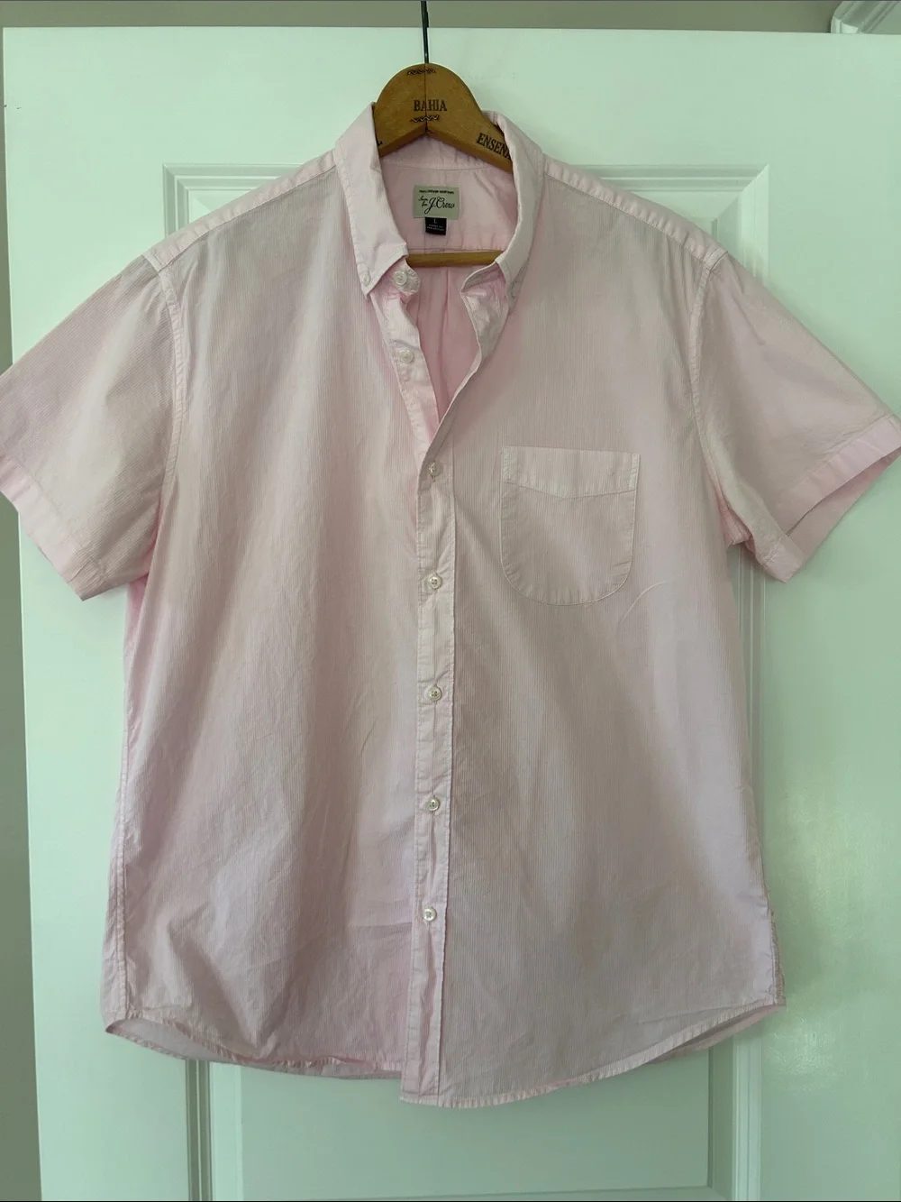 J Crew 100% Cotton Shirting Pink Stripe Shirt Sz L w MEASUREMENTS 1 Pocket